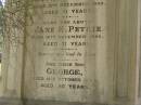 John PERTIE (senr)
b: 16 Jan 1822
d: 9 Dec 1892
aged 71
Also his wife
Jane K PETRIE
d: 16 Dec 1896
aged 71
and their son
George (PETRIE)
d: 14 Oct 1949
aged 80
Brisbane General Cemetery (Toowong)