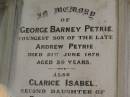 George Barney PETRIE
d: 21 Jun 1878
aged 39
(youngest son of the late Andrew PETRIE)
Clarice Isabel COUTS
b: 31 Mar 1886
d: 18 Aug 1887
(second daughter of James Ross and Isabella Coutts)
John Petrie COUTTS
d: 21 Jun 1955
his brother
Donald COUTTS
d: 30 Jun 1956
James Ross COUTTS
d: 17 Mar 1959
Brisbane General Cemetery (Toowong)