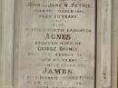 John PETRIE
d: 20 Mar 1887
aged 29
(second son of John and Jane K PETRIE)
Agnes BAYNES(nee PETRIE)
d: 27 Aug 1887
aged 22
their fourth daughter
(wife of George BAYNES)
James PETRIE
d: 16 Jul 1905
aged 44
third son
(husband of Annie PETRIE)
children of above James and Annie PETRIE
Agnes Florence PETRIE
d: 25 Nov 1914 aged 28
James Bertram PETRIE
d: 29 Jul 1914 aged 27
Myfanwy Ann PETRIE
d: 17 Dec 1895, aged 14 months
Brisbane General Cemetery (Toowong)