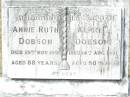
Anne Ruth DOBSON,
died 25 Nov 1950 aged 88 years;
Alfred DOBSON,
died 14 Aug 1951 aged 90 years;
Upper Caboolture Uniting (Methodist) cemetery, Caboolture Shire
