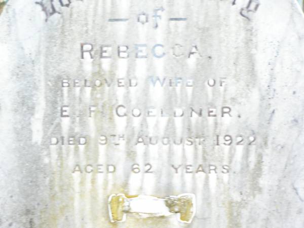 Rebecca, wife of E.F. GOELDNER,  | died 9 Aug 1922 aged 62 years;  | Ernest Frederick, husband of Rebecca GOELDNER,  | died 3 Dec 1922 aged 73 years;  | Upper Caboolture Uniting (Methodist) cemetery, Caboolture Shire  | 