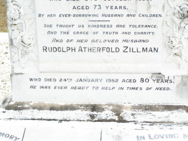 Agnes Emily ZILLMAN,  | died 24 Oct 1935 aged 73 years,  | erected by husband & children;  | Rudolph Atherfold ZILLMAN, husband,  | died 24 Jan 1952 aged 80 years;  | R.V. Redvers ZILLMAN, son,  | died 2 Sept 1975 aged 74 years;  | Edith Lorna ZILLMAN, wife of J.R.F. ZILLMAN,  | born 5-10-1903 died 25-11-1995;  | J. Rolly ZILLMAIN,  | died 5-12-84 aged 86 years,  | husband of Lorna,  | father of Allan, Graham, Kenneth & families;  | Upper Caboolture Uniting (Methodist) cemetery, Caboolture Shire  | 