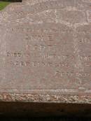 Annie HART,
mother,
died 13 June 1954 aged 81 years;
John Francis HART,
father,
died 12 May 1951 aged 78 years;
Upper Coomera cemetery, City of Gold Coast