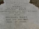 Mary,
wife of Michael HART,
died 18 Sept 1893 aged 50 years;
Michael HART,
died Nov 1921 aged 77 years;
Upper Coomera cemetery, City of Gold Coast