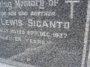 Colin Lewis SIGANTO,
son brother,
accidentally killed 20 Dec 1937 aged 28 years;
Upper Coomera cemetery, City of Gold Coast