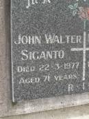 John Walter SIGANTO,
died 22-3-1977 aged 71 years;
Mabel Ellen SIGANTO,
died 26-12-1992 aged 82 years;
Upper Coomera cemetery, City of Gold Coast