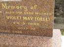 Alfred WELCH,
husband father,
died 18-5-1970 aged 78 years;
Violet May (DELL),
mother,
died 6-3-1986 aged 92 years;
Upper Coomera cemetery, City of Gold Coast