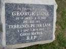 George LANE,
24-9-1913 - 8-3-2001;
Terrence Peter LANE,
son,
4-2-1947 - 30-6-2003;
Upper Coomera cemetery, City of Gold Coast