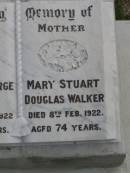 Frederick George WALKER,
father,
died 21 March 1922 aged 82 years;
Mary Stuart Douglas WALKER,
mother,
died 8 Feb 1922 aged 74 years;
Beatrice Pearl FAULKNER (nee WALKER),
13-12-1912 - 14-8-1976,
wife of Roy,
mother of Wavall, Joy, Wendy, Athol & Carol;
Upper Coomera cemetery, City of Gold Coast