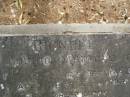 Samuel BIGNELL,
died 29-3-1949 aged 81 years;
Rebecca A. BIGNELL,
wife,
died 22-8-1961 aged 91 years;
Walter,
son,
died Tobruk 9-6-41 aged 29 years;
Sidney K.,
son,
died Borneo 3-10-1943 aged 23 years;
Samuel J.,
son,
died 29-8-62 aged 57 years;
Upper Coomera cemetery, City of Gold Coast