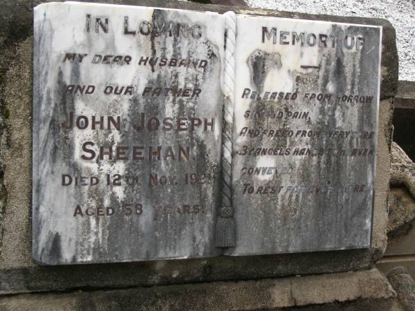 John Joseph SHEEHAN,  | husband father,  | died 12 Nov 1931 aged 58 years;  | Upper Coomera cemetery, City of Gold Coast  | 
