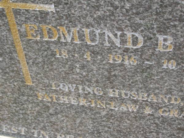 Edmund B. PAWSKI,  | 18-4-1916 - 10-5-1999,  | husband father father-in-law grandfather;  | Upper Coomera cemetery, City of Gold Coast  | 