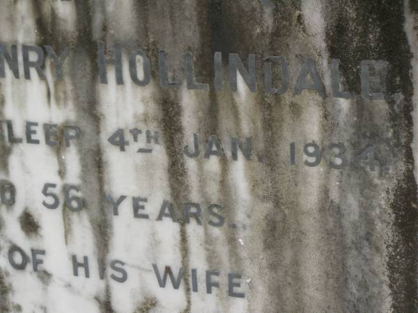William Henry HOLLINDALE,  | died 4 Jan 1934 aged 56 years;  | Daisy (nee BINSTEAD),  | wife,  | 7-8-1890 - 4-12-1977;  | Upper Coomera cemetery, City of Gold Coast  | 