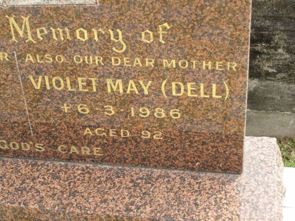 Alfred WELCH,  | husband father,  | died 18-5-1970 aged 78 years;  | Violet May (DELL),  | mother,  | died 6-3-1986 aged 92 years;  | Upper Coomera cemetery, City of Gold Coast  | 
