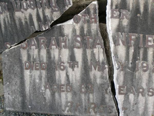 Sarah STANFIELD,  | mother,  | died 16 May 1929 aged 83 years;  | Upper Coomera cemetery, City of Gold Coast  | 