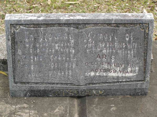 Thomas Charles BINSTEAD,  | husband father,  | died 12 Oct 192 aged 59 years;  | Aris BINSTEAD,  | wife mother,  | died 4 July 1968 aged 69 years;  | Upper Coomera cemetery, City of Gold Coast  | 