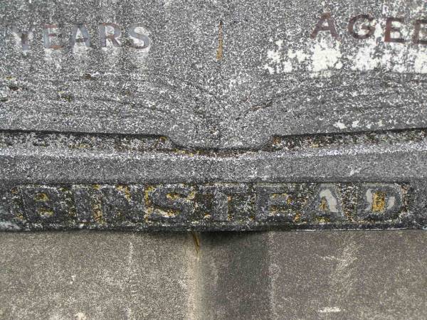 Thomas Charles BINSTEAD,  | husband father,  | died 12 Oct 192 aged 59 years;  | Aris BINSTEAD,  | wife mother,  | died 4 July 1968 aged 69 years;  | Upper Coomera cemetery, City of Gold Coast  | 