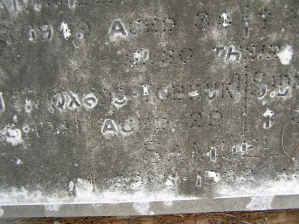 Samuel BIGNELL,  | died 29-3-1949 aged 81 years;  | Rebecca A. BIGNELL,  | wife,  | died 22-8-1961 aged 91 years;  | Walter,  | son,  | died Tobruk 9-6-41 aged 29 years;  | Sidney K.,  | son,  | died Borneo 3-10-1943 aged 23 years;  | Samuel J.,  | son,  | died 29-8-62 aged 57 years;  | Upper Coomera cemetery, City of Gold Coast  | 