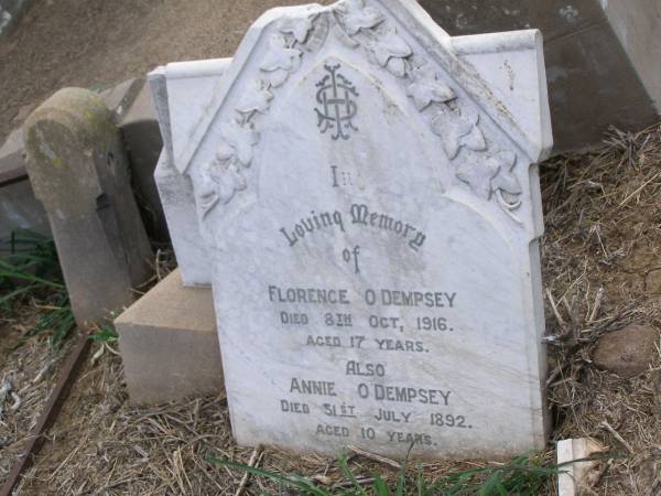 Florence O'DEMPSEY,  | died 8 Oct 1916 aged 17 years;  | Annie O'DEMPSEY,  | died 31 July 1892 aged 10 years;  | Upper Freestone Cemetery, Warwick Shire  | 