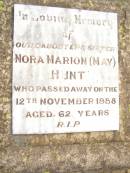 
Nora Marion (May) HUNT,
daughter sister,
died 12 Nov 1958 aged 62 years;
Warra cemetery, Wambo Shire

