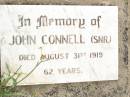 
John CONNELL (snr),
died 31 Aug 1919 aged 62 years;
Warra cemetery, Wambo Shire
