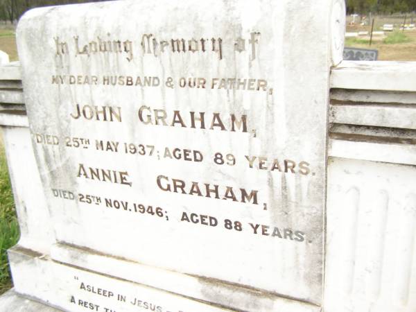 John GRAHAM,  | husband father,  | died 25 May 1937 aged 89 years;  | Annie GRAHAM,  | died 25 Nov 1946 aged 88 years;  | D.J. GRAHAM,  | son,  | died France 4 Aug 1916;  | Warra cemetery, Wambo Shire  | 