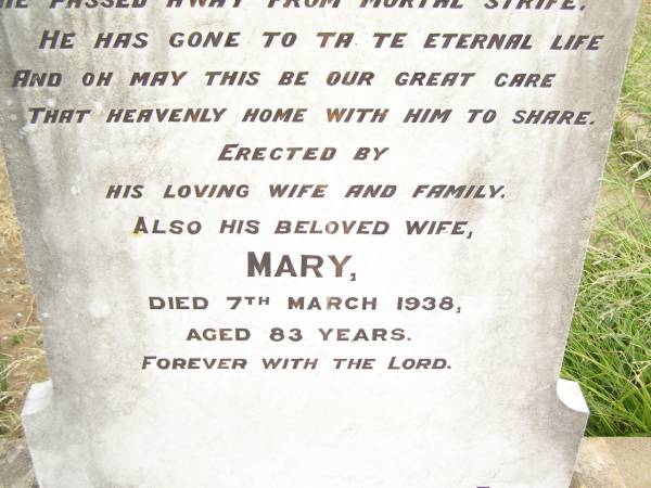 William Fredrich SCHLOSS,  | husband father,  | died 25 Oct 1918 aged 68 years;  | Mary,  | wife,  | died 7 March 1938 aged 83 years;  | Warra cemetery, Wambo Shire  | 