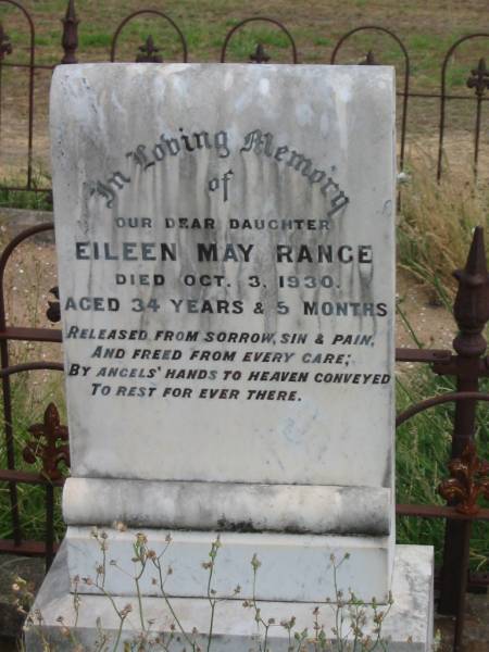 Eileen May RANGE,  | daughter,  | died 3 Oct 1930 aged 34 years 5 months;  | Margaret,  | wife of Robert RANGE,  | died 19 Sept 1935 aged 70 years;  | Warra cemetery, Wambo Shire  | 