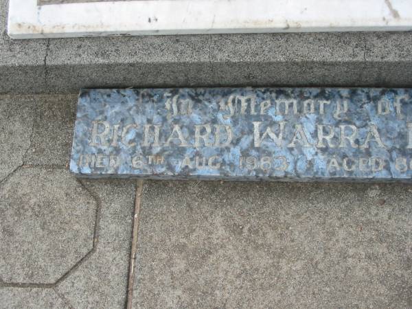 parents;  | Richard Henry BEST,  | 1872 - 1949;  | Mary Harvey BEST,  | 1876 - 1953;  | Richard Warra BEST,  | died 6 Aug 1983 aged 80 years;  | Warra cemetery, Wambo Shire  | 