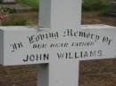 
John WILLIAMS,
father,
died 16 Jan 1906 aged 43 years;
Warra cemetery, Wambo Shire
