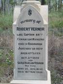 
Robert VERNOR
b: Edinburgh 30 Jan 1837,
d: Cluen 2 Oct 1920

(wife) Sara Harlin VERNOR
b: 25 Aug 1842
d: 16 May 1926

Sarah (widow of late) William HARLIN
of Rosevale Co Antrim, Ireland
b: 17 Nov 1802
d: 14 Jun 1892

(daughter) Alice Maud (HARLIN)
b: 15 Jun 1873
d: 24 Jun 1949

James VERNOR
b: Edinburgh, 21 Jun 1847
d: Cluen 28 May 1915

Captain and Mrs Robert Vernors children
William VERNOR
Alice VERNOR
Charlotte DAVIDSON
Evelyn McWHINNEY
Mildred THOMSON
grandchildren
Vernor, Hazel and Patrick DAVIDSON
Isobel McWHINNEY

Alice Margaret JOHNSTON
b: 10 Mar 1911 at Cluen, Wivenhoe Pocket
d: 17 Aug 2001 at Toowoomba
(husband) Raymond Charles JOHNSTON
b: 18 Apr 1913 at Clermont
d: 25 Nov 1999 at Toowoomba

Wivenhoe Pocket General Cemetery

