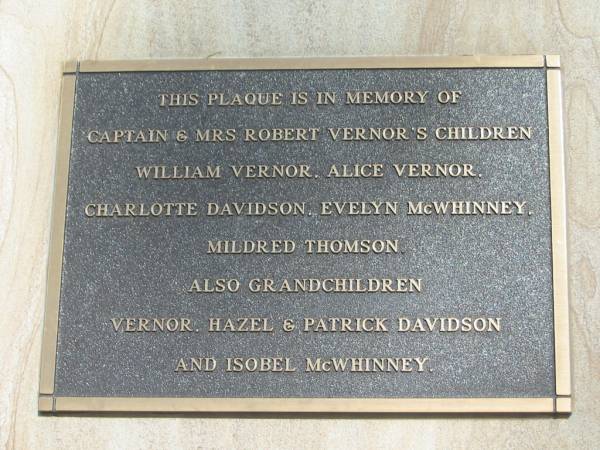 Robert VERNOR  | b: Edinburgh 30 Jan 1837,  | d: Cluen 2 Oct 1920  |   | (wife) Sara Harlin VERNOR  | b: 25 Aug 1842  | d: 16 May 1926  |   | Sarah (widow of late) William HARLIN  | of Rosevale Co Antrim, Ireland  | b: 17 Nov 1802  | d: 14 Jun 1892  |   | (daughter) Alice Maud (HARLIN)  | b: 15 Jun 1873  | d: 24 Jun 1949  |   | James VERNOR  | b: Edinburgh, 21 Jun 1847  | d: Cluen 28 May 1915  |   | Captain and Mrs Robert Vernor's children  | William VERNOR  | Alice VERNOR  | Charlotte DAVIDSON  | Evelyn McWHINNEY  | Mildred THOMSON  | grandchildren  | Vernor, Hazel and Patrick DAVIDSON  | Isobel McWHINNEY  |   | Alice Margaret JOHNSTON  | b: 10 Mar 1911 at Cluen, Wivenhoe Pocket  | d: 17 Aug 2001 at Toowoomba  | (husband) Raymond Charles JOHNSTON  | b: 18 Apr 1913 at Clermont  | d: 25 Nov 1999 at Toowoomba  |   | Wivenhoe Pocket General Cemetery  |   | 