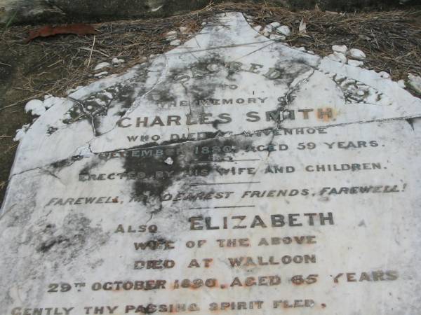 Charles SMITH  | d: Wivenhoe 5? Dec 1880, aged 59  | (wife) Elizabeth (SMITH)  | d: Walloon, 29 Oct 1896, aged 65  | (son) William Henry (SMITH)  | d: Wivenhoe 20 Jun 1891, aged 34  | Wivenhoe Pocket General Cemetery  |   | 
