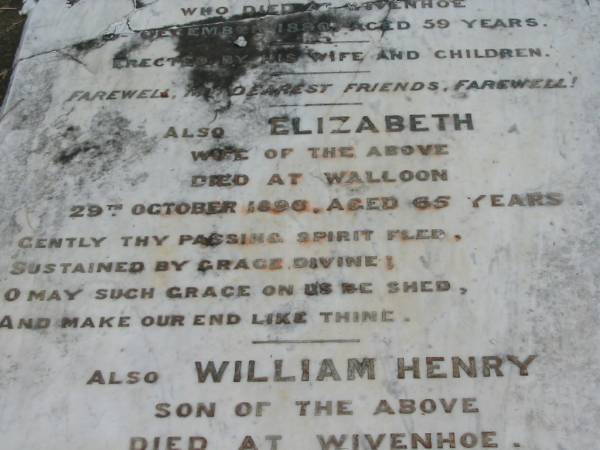 Charles SMITH  | d: Wivenhoe 5? Dec 1880, aged 59  | (wife) Elizabeth (SMITH)  | d: Walloon, 29 Oct 1896, aged 65  | (son) William Henry (SMITH)  | d: Wivenhoe 20 Jun 1891, aged 34  | Wivenhoe Pocket General Cemetery  |   | 