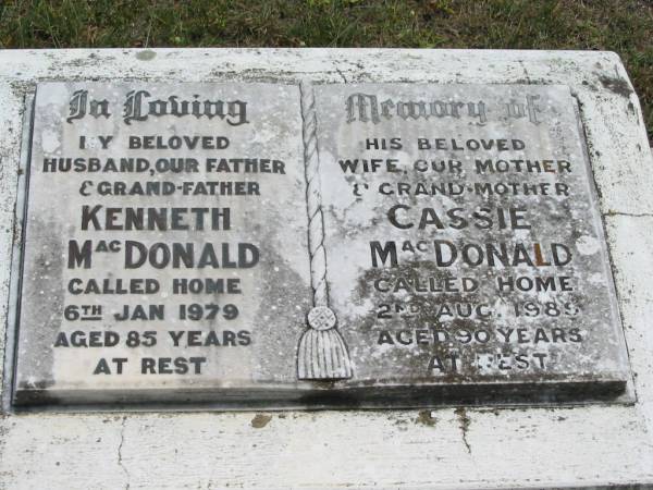 Kenneth MacDONALD  | 6 Jan 1979, aged 85  | Cassie MacDONALD  | 2 Aug 1989, aged 90  | Wivenhoe Pocket General Cemetery  |   | 