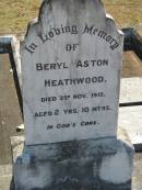 Joseph COLVIN
25 Apr 1897, aged 67
(wife) Ann COLVIN
24 Apr 1931, aged 84
Constance COLVIN
3 Jan 1965, aged 82
(husband) Joseph COLVIN
15 May 1970, aged 88
Samuel COLVIN
17 May 1914, aged 37
Alexander COLVIN
22 Jul 1960, aged 87
Elizabeth HEATHWOOD
2 Jan 1977, aged 92
Beryl Aston HEATHWOOD
3 Nov 1915, aged 2 years 10 months
Joseph Alexander HINCHCLIFFE
(son of H A and A HINCHCLIFFE
20 Nov 1904, aged 3 years
Wonglepong cemetery, Beaudesert