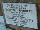 Rosetta BONNETT
d: 30 Sep 1930, aged 69
Charles BONNETT
d: 1 Mar 1934, aged 76
Wonglepong cemetery, Beaudesert