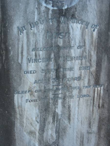 Rose O'BRIEN  | (wife of Vincent O'BRIEN)  | 30 Jun 1919, aged 35  | Wonglepong cemetery, Beaudesert  | 