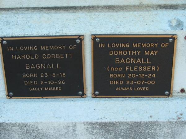 BAGNALL  | Timothy Corbett BAGNALL  | 10 Dec 1932, aged 62  | Rose Ann BAGNALL  | 1 Jul 1949, aged 68  |   | Harold Corbett BAGNALL  | b: 23 Aug 1918, d: 2 Oct 1996  | Dorothy May BAGNALL (nee FLESSER)  | b: 20 Dec 1924, d: 23 Jul 2000  |   | Wonglepong cemetery, Beaudesert  |   | 