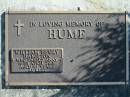 HUME, William Henry Hamilton,
died 10 April 2001 aged 87 years;
Woodford Cemetery, Caboolture