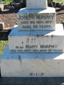 Joseph MURPHY,
died 9 Nov 1917 aged 58 years;
Mary MURPHY,
died 10 Sept 1935 aged 43 years;
Isabella MURPHY,
died 20 July 1941 aged 75 years;
Thomas MURPHY,
died 19 Dec 1954 aged 69 years;
Woodford Cemetery, Caboolture