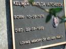 KELIHER, Matilda (AITCHESON),
born 10-08-1878 died 22-08-1959;
Woodford Cemetery, Caboolture