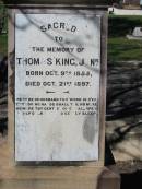 Thomas KING, junior, husband,
born 9 Oct 1855 died 21 Oct 1897;
Woodford Cemetery, Caboolture