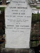 Lilian Beatrice, wife of Edgar BAKER,
died 28 Oct 1902 aged 27 years;
Arthur John FLETCHER,
died 20 Sept 1900 aged 21 years;
Woodford Cemetery, Caboolture
