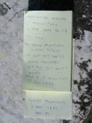 Harrington William MOUNTFORD,
died 2 April 1899 aged 54 years;
sons;
Darcy MOUNTFORD,
killed in action Belgium 17 Oct 1917 aged 33 years;
Frank MOUNTFORD,
died 23 Nov 1921 aged 37 years;
parents;
Anne E.J. MOUNTFORD,
died 11 June 1895 aged 79 years;
Joseph MOUNTFORD,
died 7 April 1897 aged 81 years;
Woodford Cemetery, Caboolture