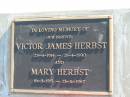 parents;
Victor James HERBST,
23-4-1914 - 21-4-1990;
Mary HERBST,
16-8-1915 - 13-11-1967;
Woodford Cemetery, Caboolture