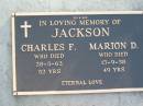 JACKSON;
Charles F., died 28-5-62 aged 52 years;
Marion D., died 15-9-58 aged 49 years;
Woodford Cemetery, Caboolture