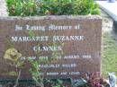 Margaret Suzanne CUMNER,
died 25 May 1955 - 22 Aug 1998,
tragically killed;
Woodford Cemetery, Caboolture