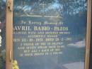 Avril BABIO-PAZOS, wife mother,
accidentally killed,
born 23-10-1953 died 20-2-1992;
Woodford Cemetery, Caboolture