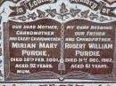 Mirian Mary PURDIE,
mother grandmother great-grandmother,
died 28 Feb 2001 aged 92 years;
Robert William PURDIE,
husband father grandfather,
died 31 Dec 1962 aged 61 years;
Woodford Cemetery, Caboolture